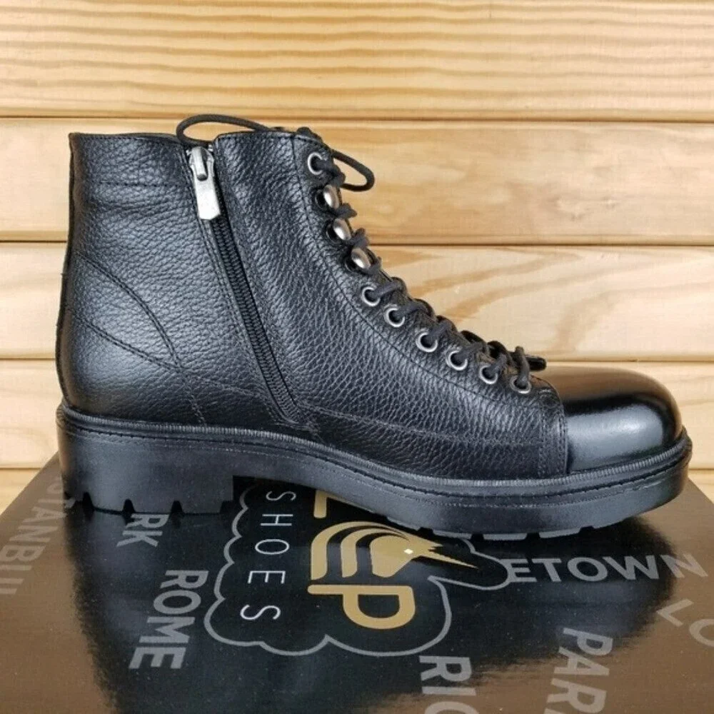 Men's 9M 100% Genuine Leather Black Ankle Boots by Paul Branco Side Zip Lace-up